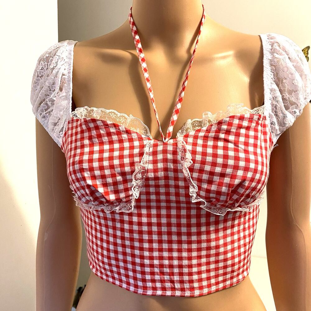 Milkmaid Babydoll Coquette Crop Tank Top Red White Gingham Lace Ruffle Fairy XS
